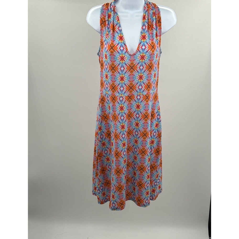 Viereck Orange Blue Geometric V-Neck Racerback Midi Dress Womens Medium